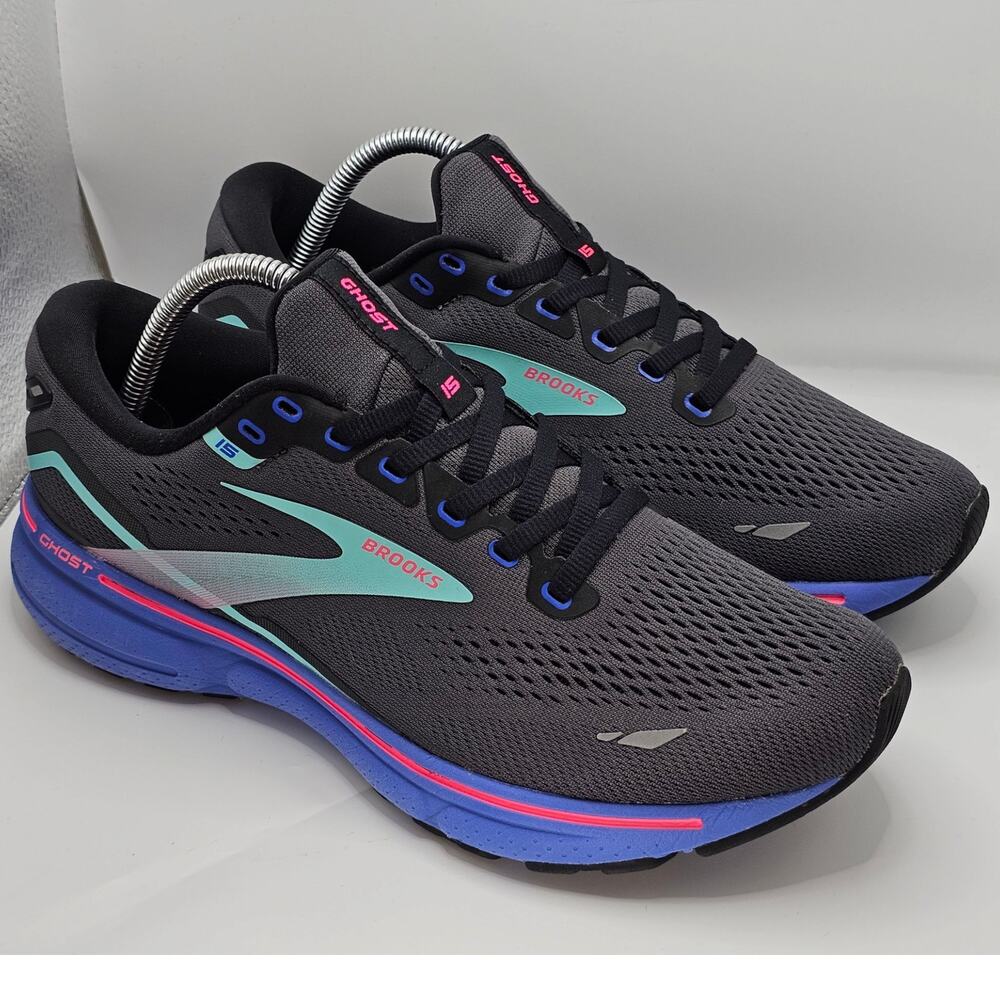 Brooks Ghost 15 Black Blue Aruba Womens 10 Medium B UK 8 Running Shoes Blue Pink